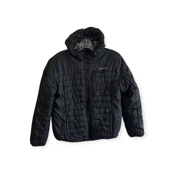 Eddie Bauer Reversible Puffer Jacket And Fleece Black And Camo Green Boy L 14/16 - Picture 1 of 5